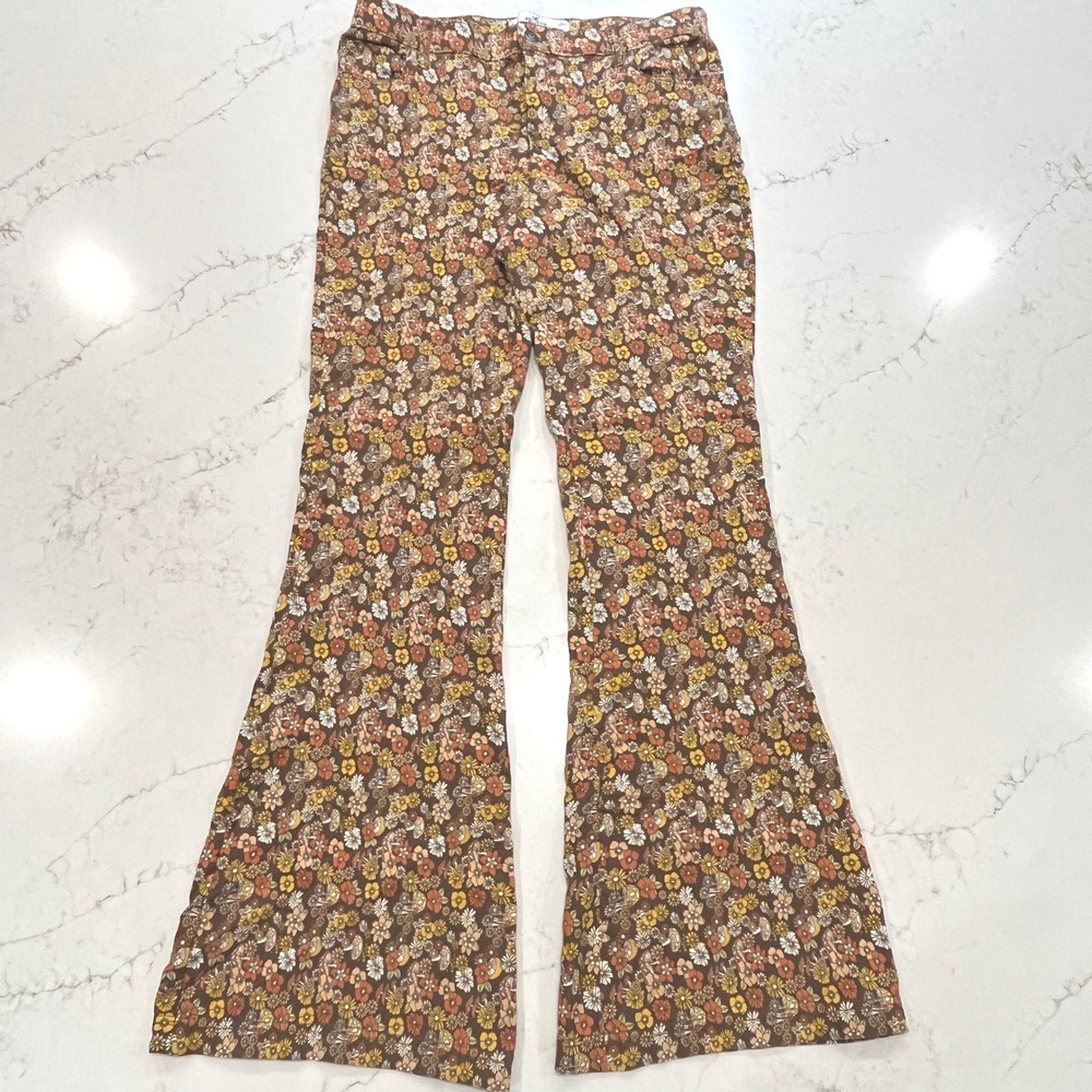 Hollister High Rise Flare Pants Women L Brown Floral Mushroom Stretch 70s Retro
